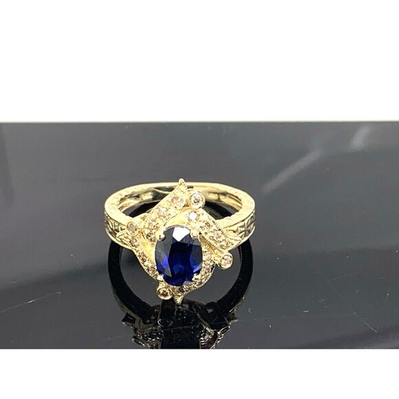 Blue Gemstone Diamond Cocktail Ring 14k Yellow Gold Estate Women's Size 7 - Picture 12 of 14